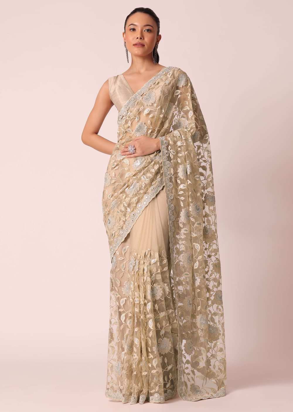Beige Mirror Work Saree With Scallop Border And Unstitched Blouse Piece