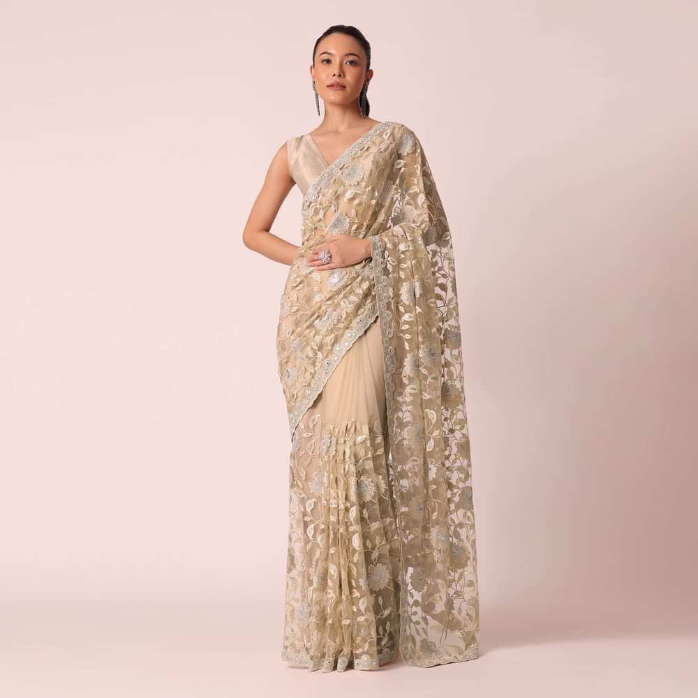 Beige Mirror Work Saree With Scallop Border And Unstitched Blouse Piece