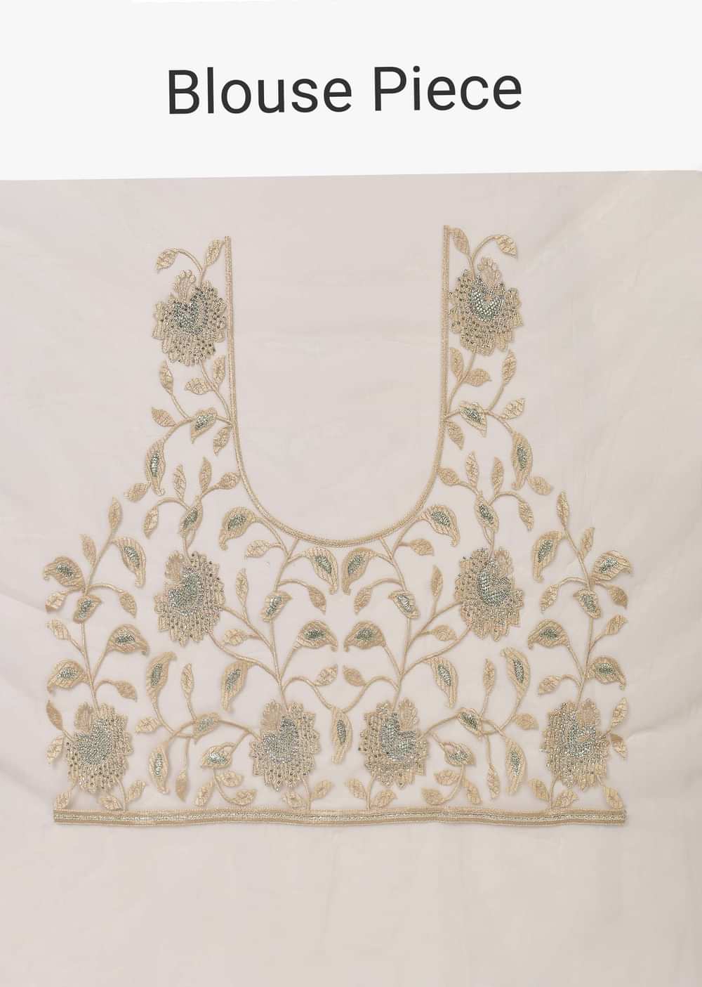 Beige Mirror Work Saree With Scallop Border And Unstitched Blouse Piece