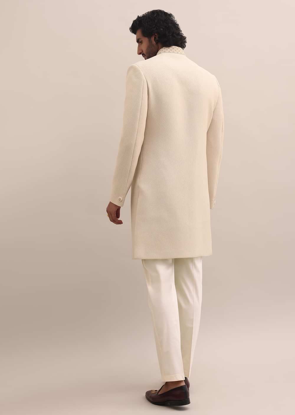Beige Moti Embroidered Sherwani For Men