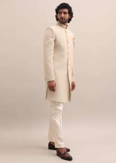 Beige Moti Embroidered Sherwani For Men