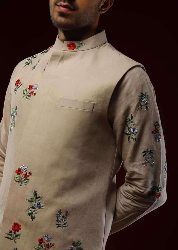Beige Nehru Jacket Set In Linen With Multi Colored Resham Embroidered Floral Motifs