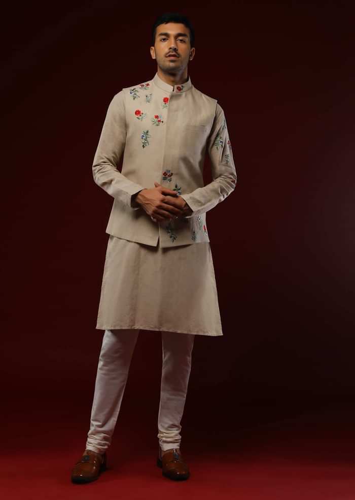 Beige Nehru Jacket Set In Linen With Multi Colored Resham Embroidered Floral Motifs