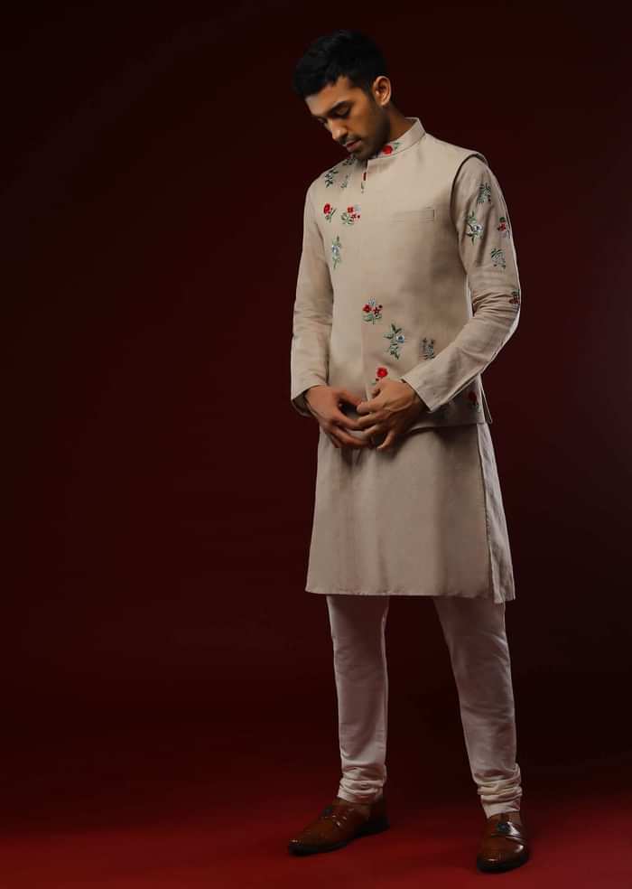 Beige Nehru Jacket Set In Linen With Multi Colored Resham Embroidered Floral Motifs
