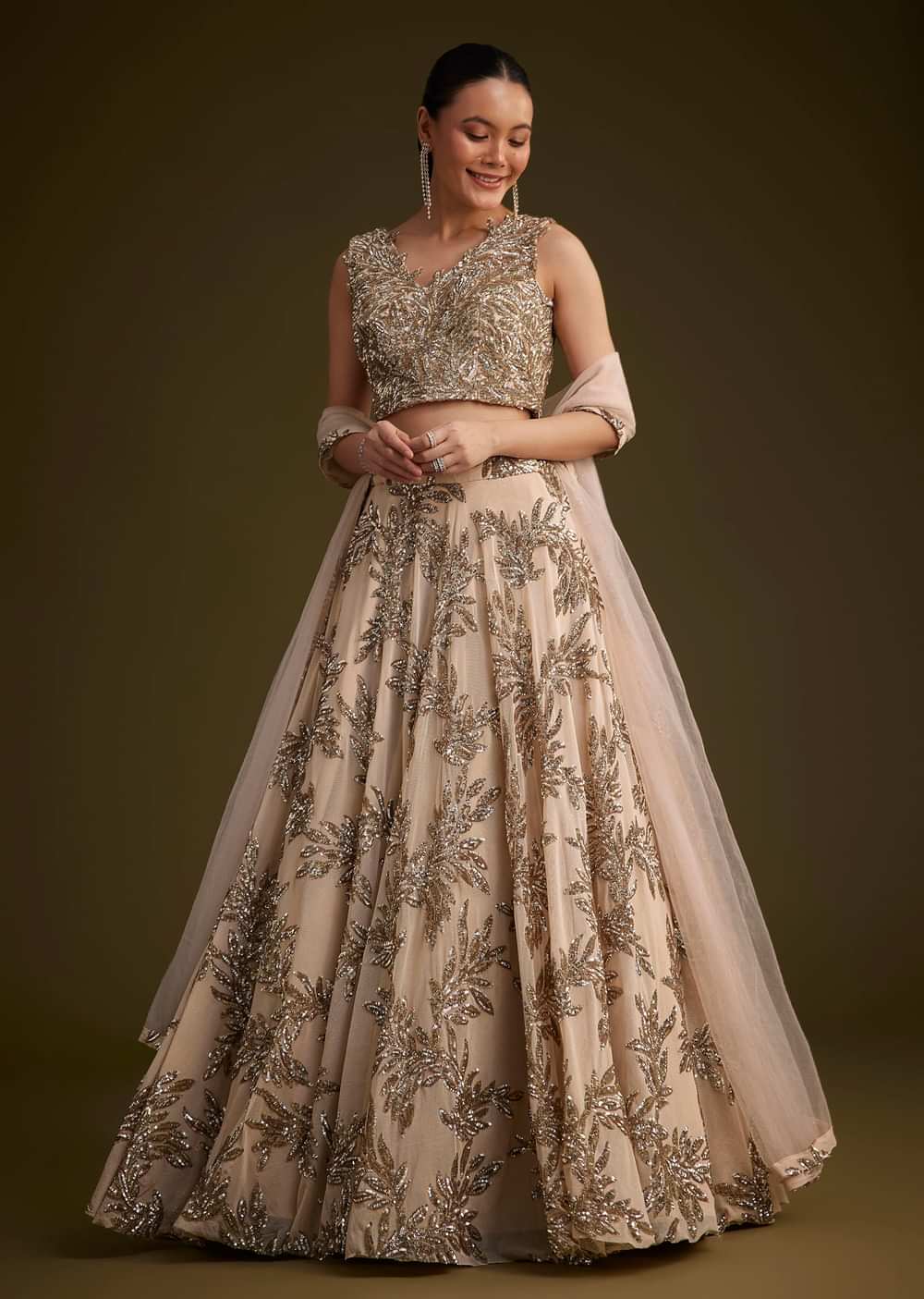 Beige Net Lehenga Set With Sequins Dupatta