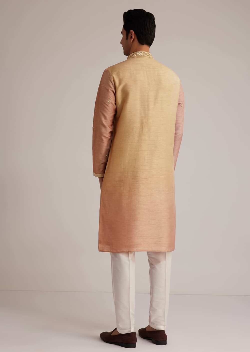 Beige Ombre Silk Kurta Set With Mirror Work