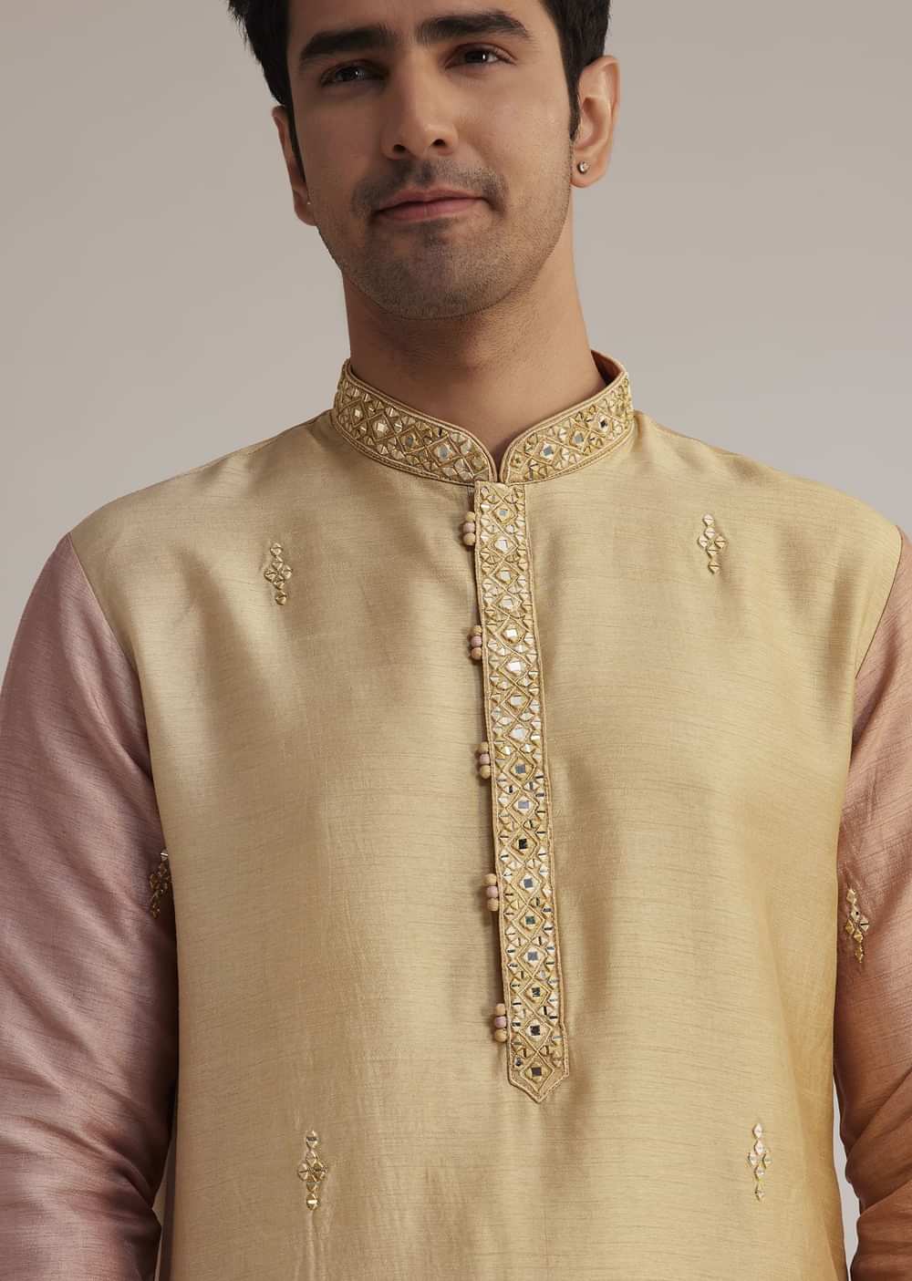 Beige Ombre Silk Kurta Set With Mirror Work