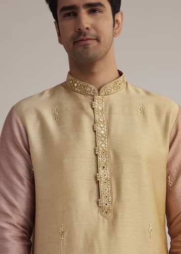 Beige Ombre Silk Kurta Set With Mirror Work