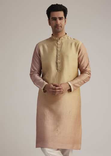 Beige Ombre Silk Kurta Set With Mirror Work