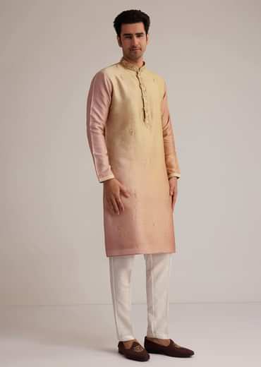 Beige Ombre Silk Kurta Set With Mirror Work