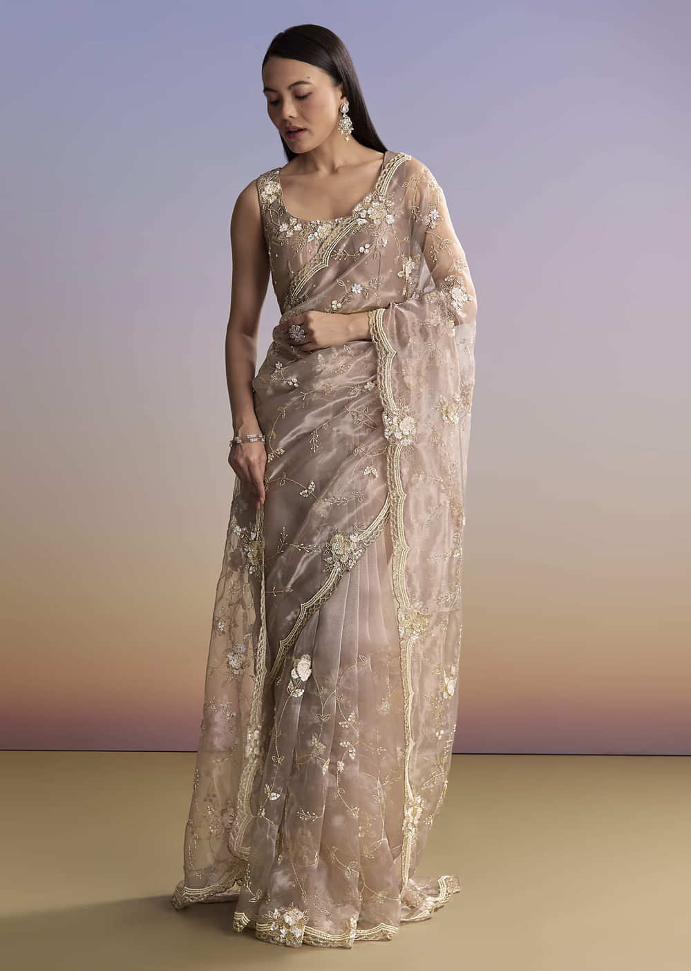 Beige Organza Embroidered Saree With Moti And Cutdana Work