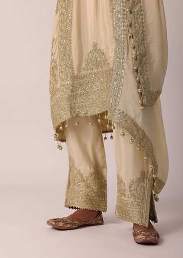 Beige Pant Set With Zardozi Work Kurta