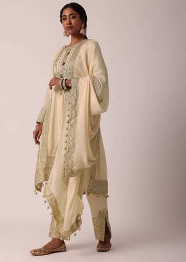 Beige Pant Set With Zardozi Work Kurta