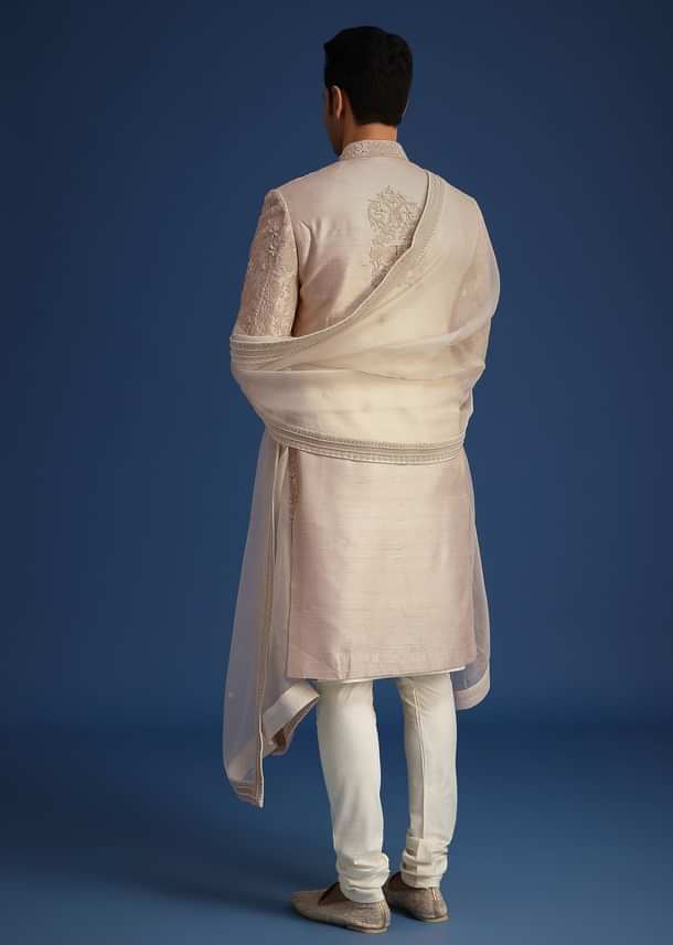 Beige Raw Silk Sherwani Set With Dori Embroidery