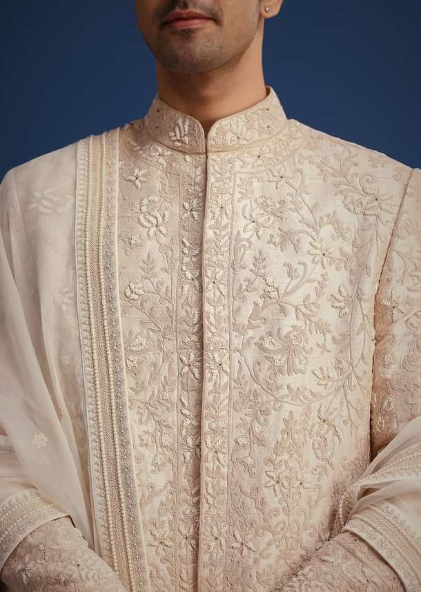 Beige Raw Silk Sherwani Set With Dori Embroidery