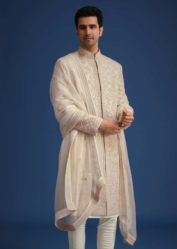 Beige Raw Silk Sherwani Set With Dori Embroidery
