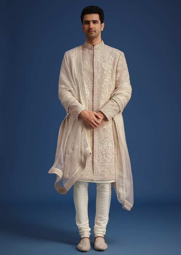 Beige Raw Silk Sherwani Set With Dori Embroidery