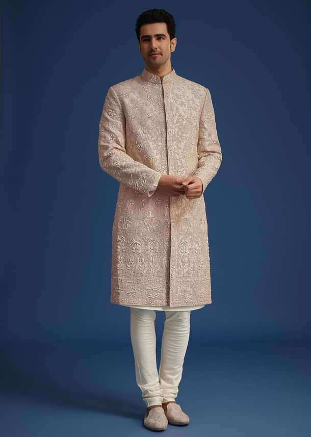Beige Raw Silk Sherwani Set With Dori Embroidery