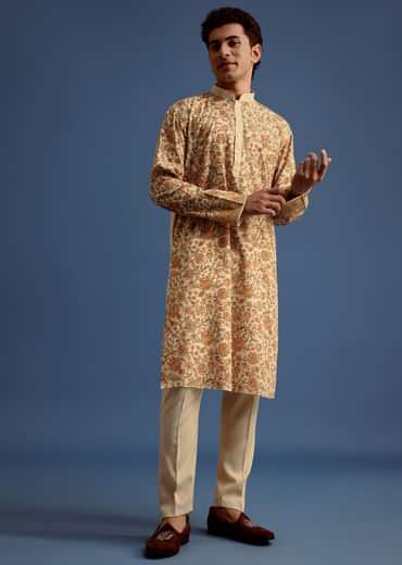 Beige Rayon Floral Block Printed Kurta Set