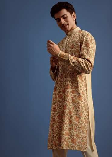 Beige Rayon Floral Block Printed Kurta Set