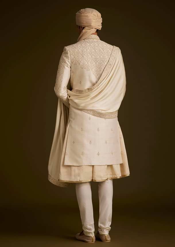 Beige Resham Embroidered Sherwani With Elegant Dupatta