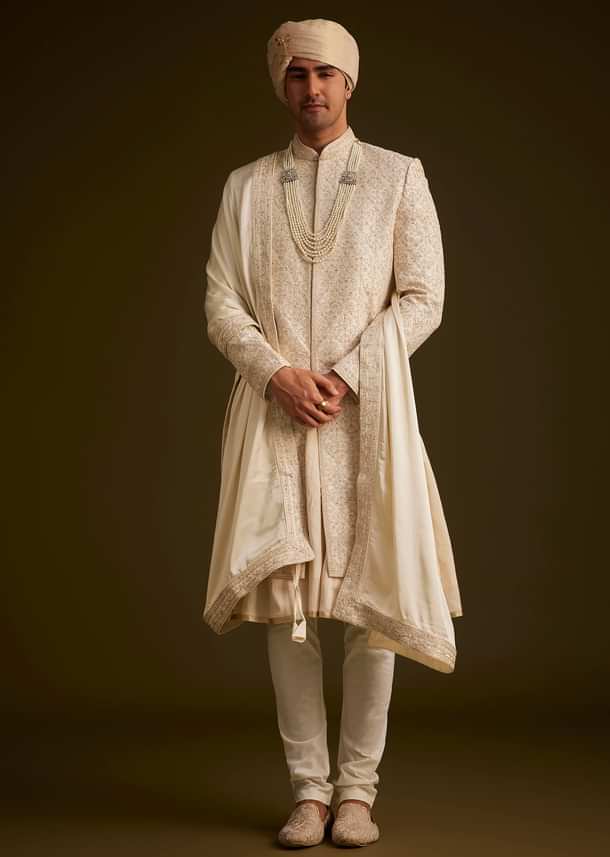 Beige Resham Embroidered Sherwani With Elegant Dupatta