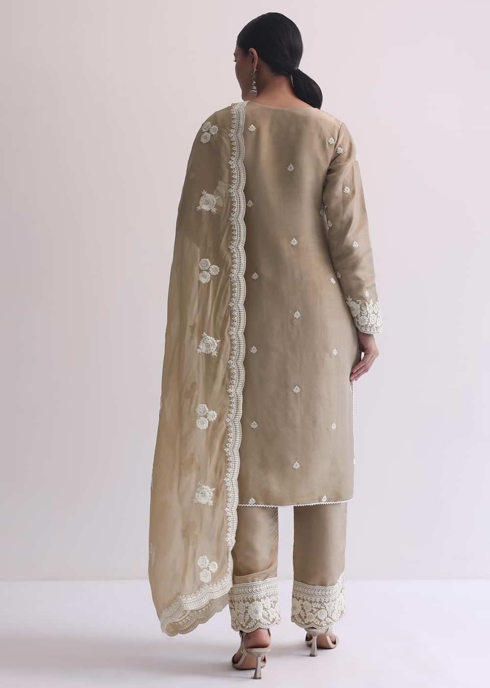 Beige Resham Threadwork Embroiderd Kurti Pant Set In Organza