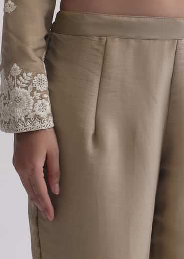 Beige Resham Threadwork Embroiderd Kurti Pant Set In Organza