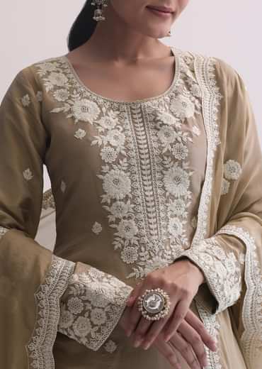 Beige Resham Threadwork Embroiderd Kurti Pant Set In Organza