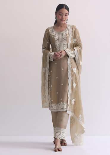 Beige Resham Threadwork Embroiderd Kurti Pant Set In Organza