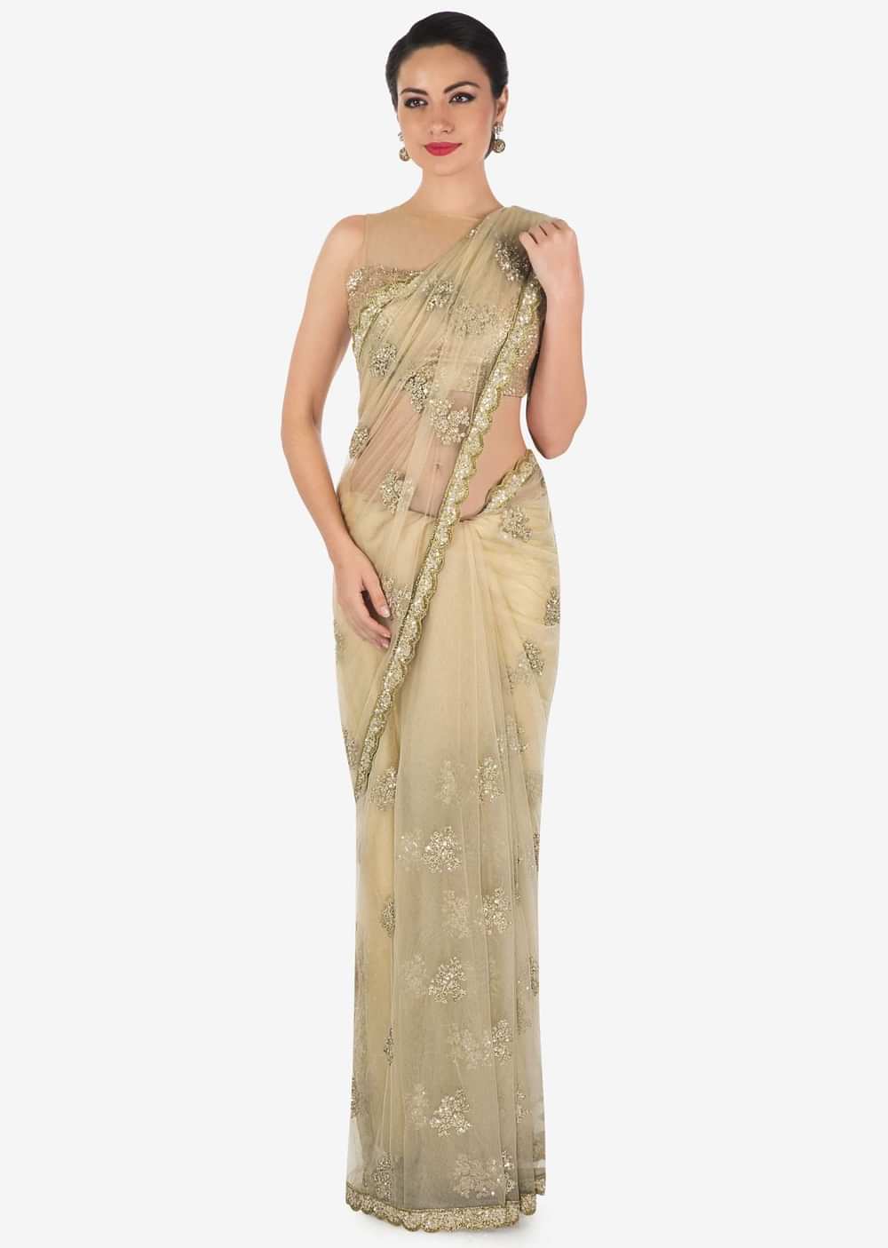 Beige saree in net with sequin and zari embroidered butti only on Kalki - KALKI Fashion India