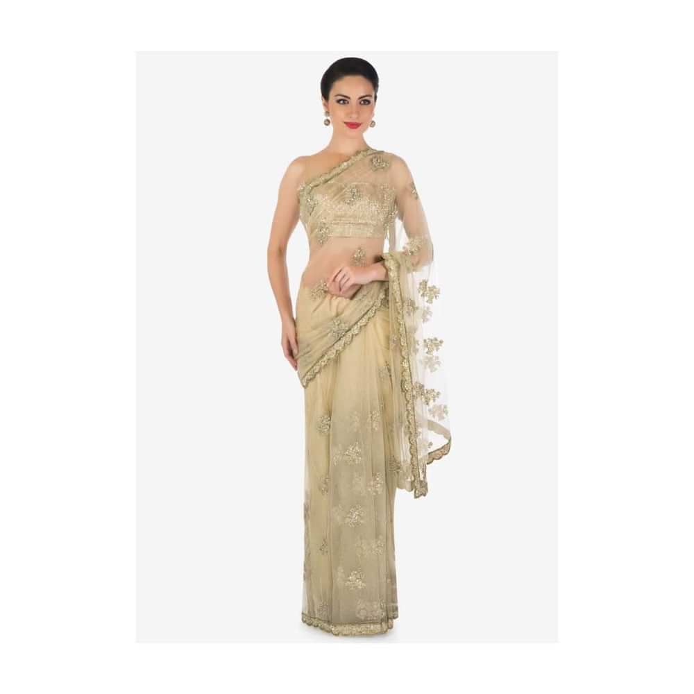 Beige saree in net with sequin and zari embroidered butti only on Kalki - KALKI Fashion India