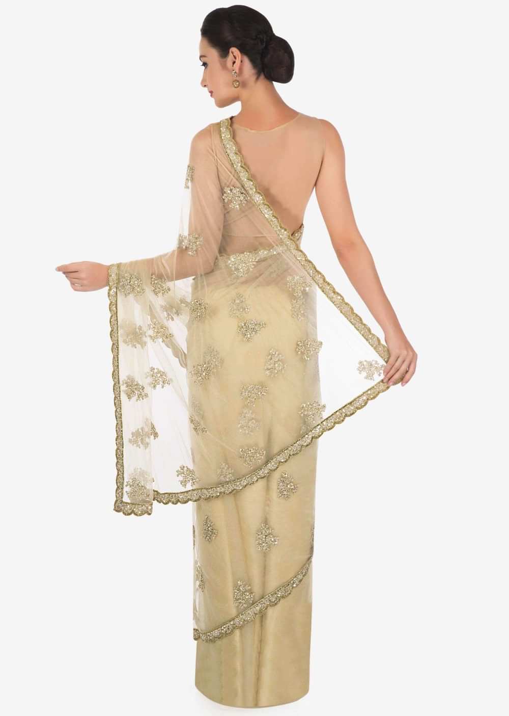 Beige saree in net with sequin and zari embroidered butti only on Kalki - KALKI Fashion India