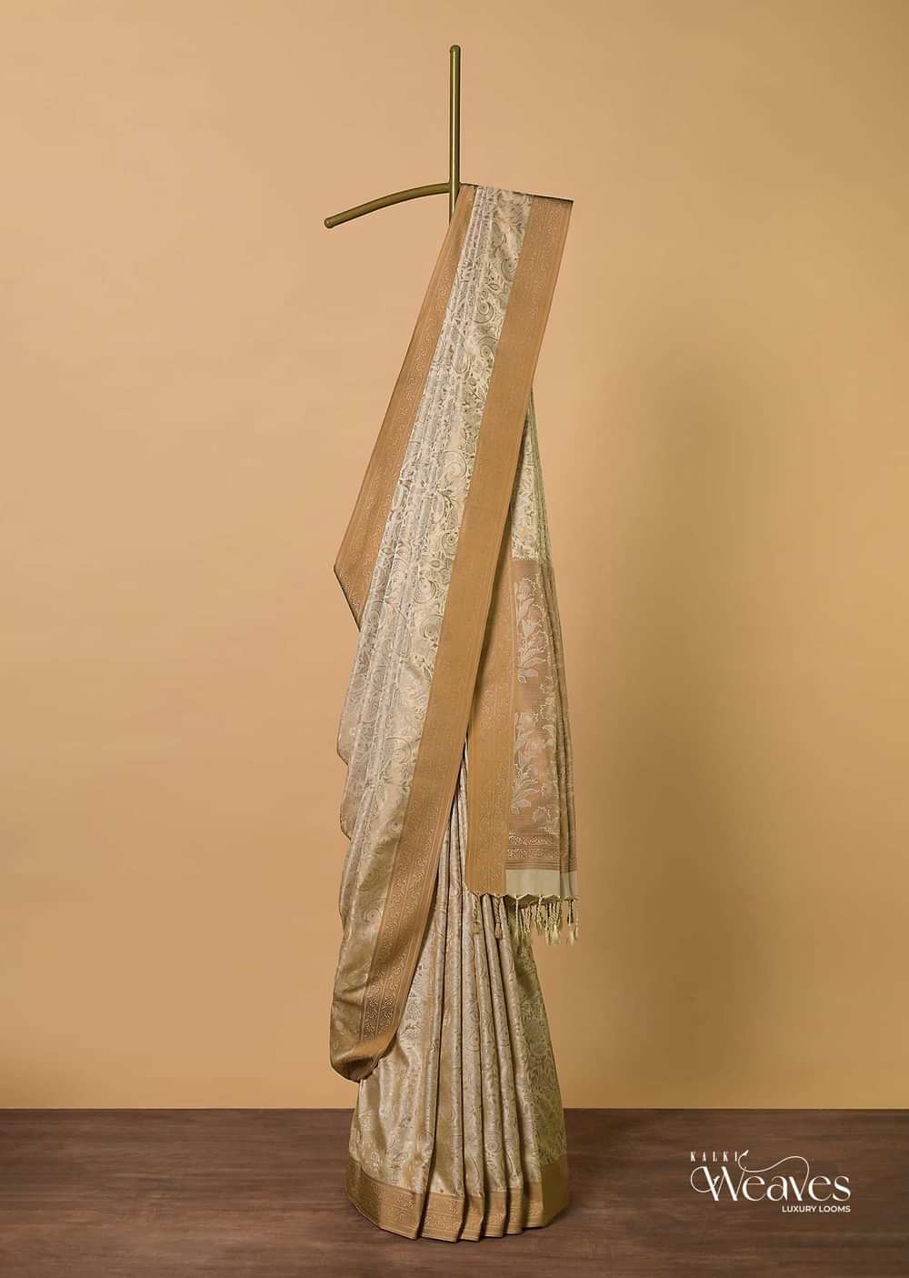 Beige Saree In South Resham Silk With Kashmiri Woven Work And Unstitched Blouse Fabric