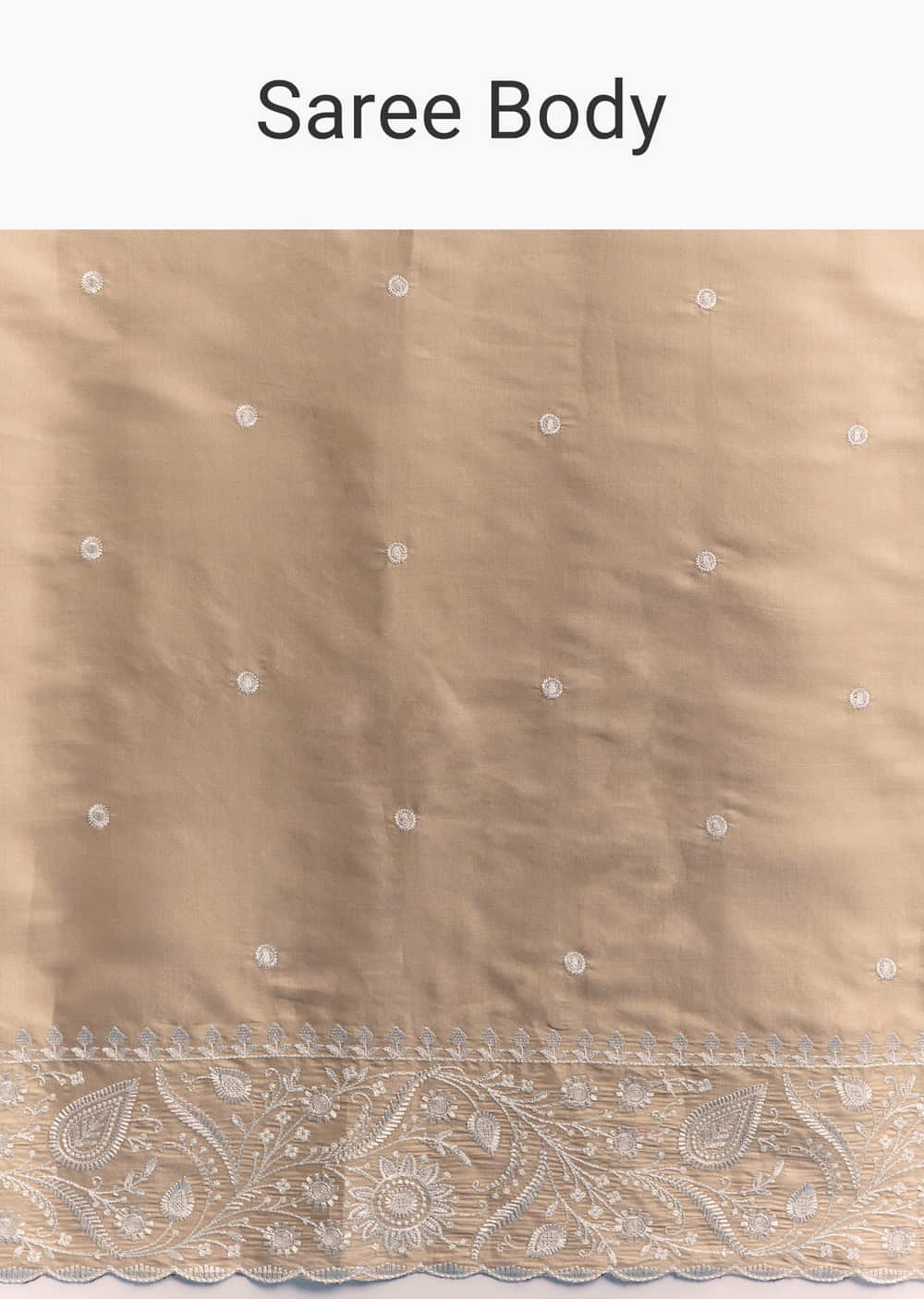 Beige Satin Cotton Saree With White Resham Embroidery
