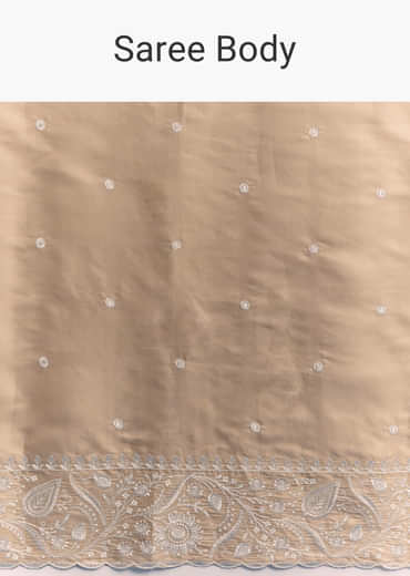Beige Satin Cotton Saree With White Resham Embroidery Beige Satin Cotton Saree With White Resham Embroidery