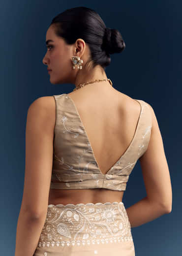 Beige Satin Cotton Saree With White Resham Embroidery Beige Satin Cotton Saree With White Resham Embroidery