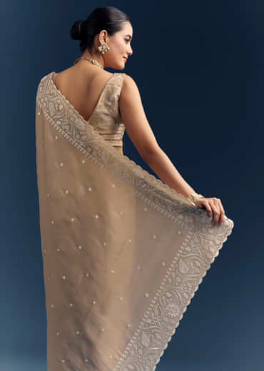 Beige Satin Cotton Saree With White Resham Embroidery Beige Satin Cotton Saree With White Resham Embroidery