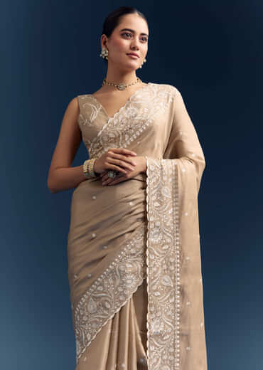 Beige Satin Cotton Saree With White Resham Embroidery Beige Satin Cotton Saree With White Resham Embroidery