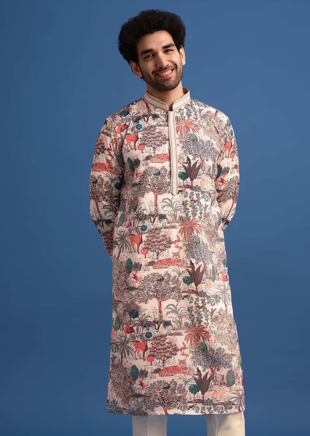 Beige Satin Forest Motif Printed Kurta Set