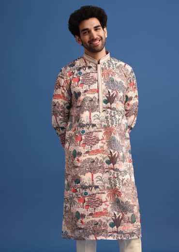 Beige Satin Forest Motif Printed Kurta Set