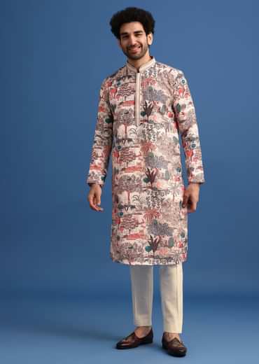 Beige Satin Forest Motif Printed Kurta Set