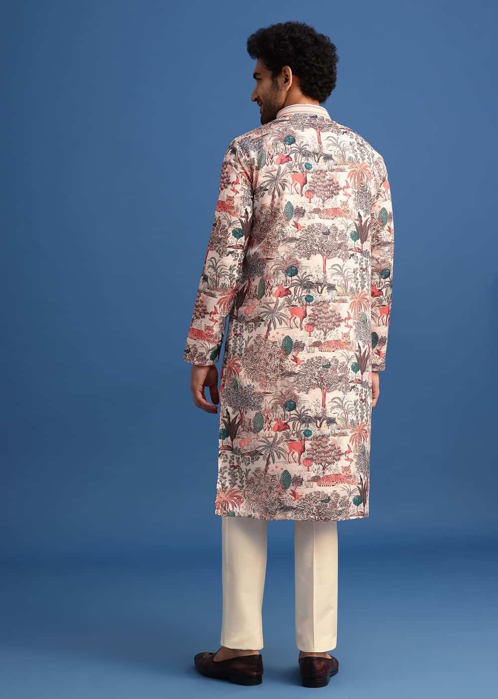 Beige Satin Forest Motif Printed Kurta Set