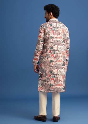 Beige Satin Forest Motif Printed Kurta Set