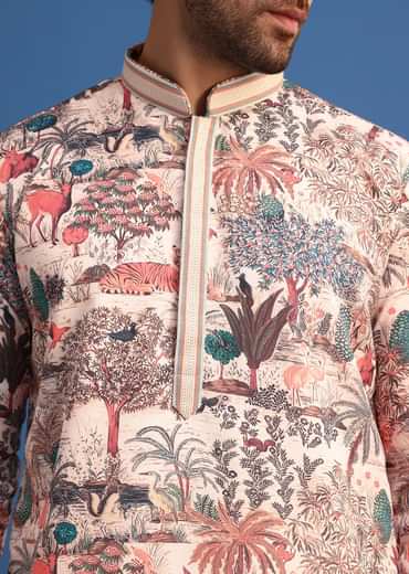 Beige Satin Forest Motif Printed Kurta Set