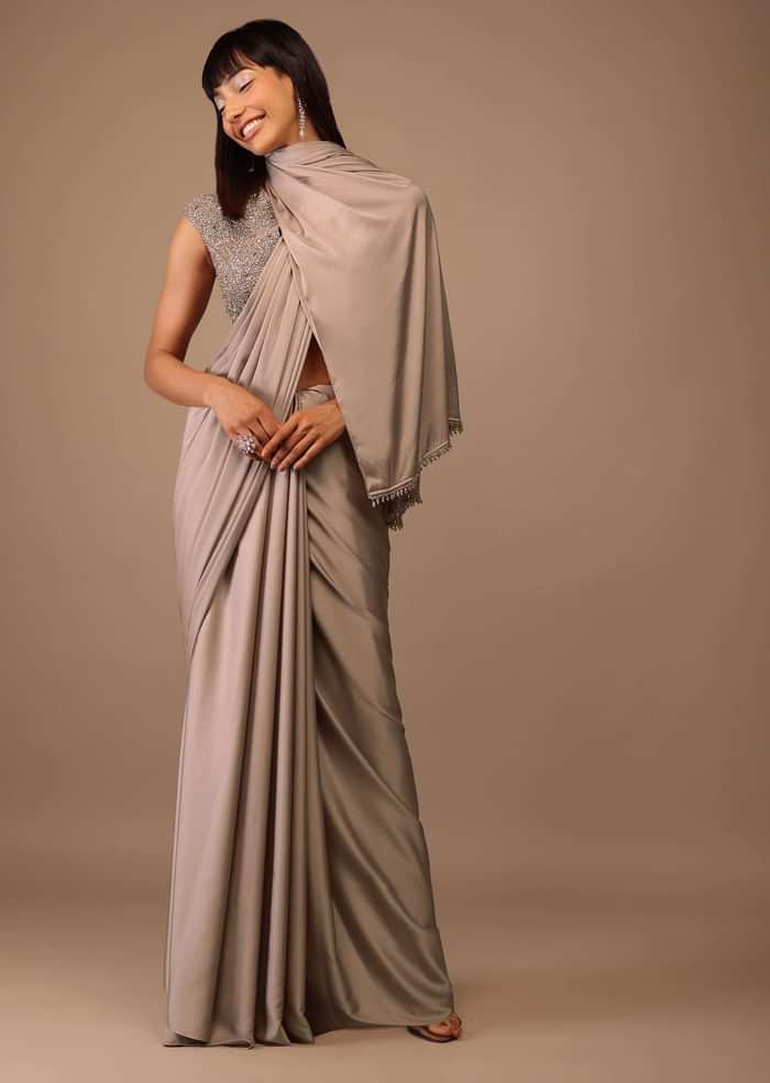 Beige Satin Saree With Hand Embroidered Deep Neck Crop Top
