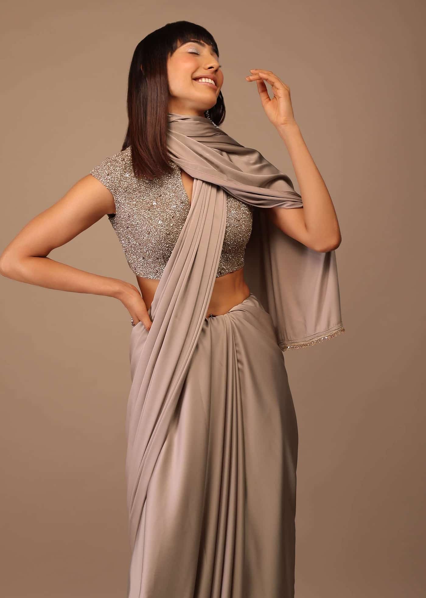 Buy Beige Satin Saree with Hand-Embroidered Crop Top Online