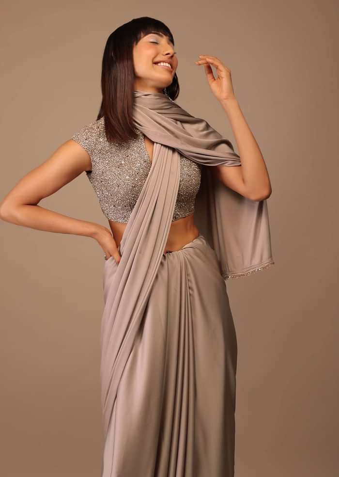 Beige Satin Saree With Hand Embroidered Deep Neck Crop Top