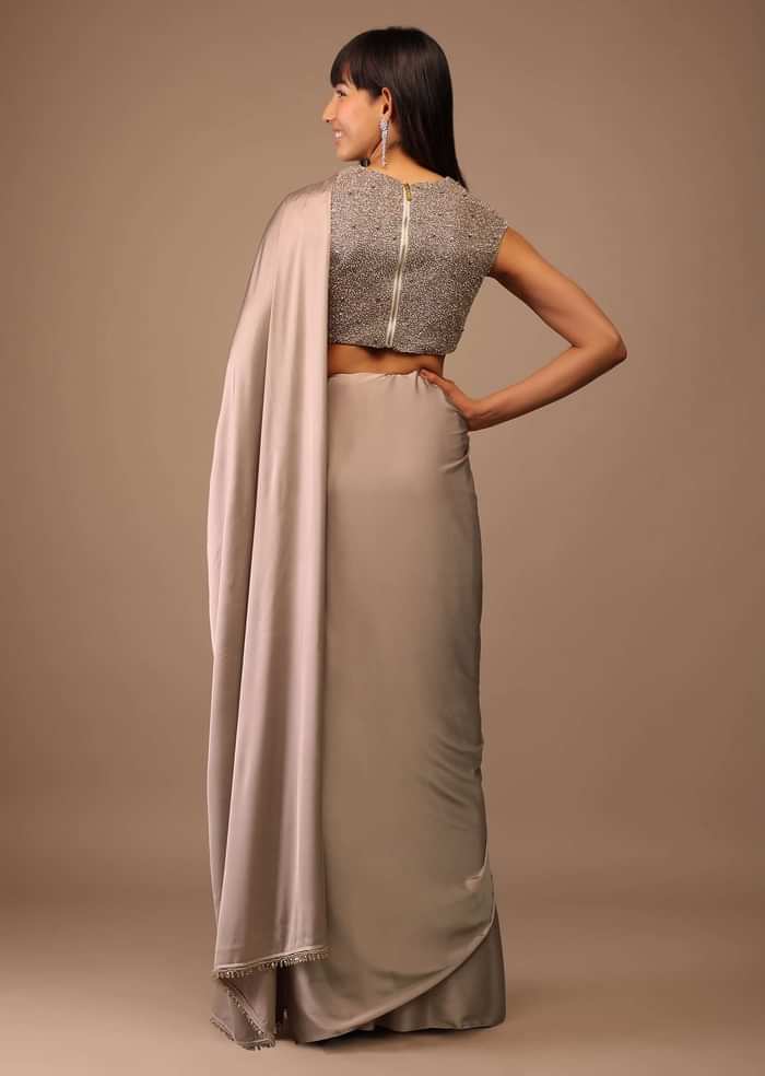 Beige Satin Saree With Hand Embroidered Deep Neck Crop Top