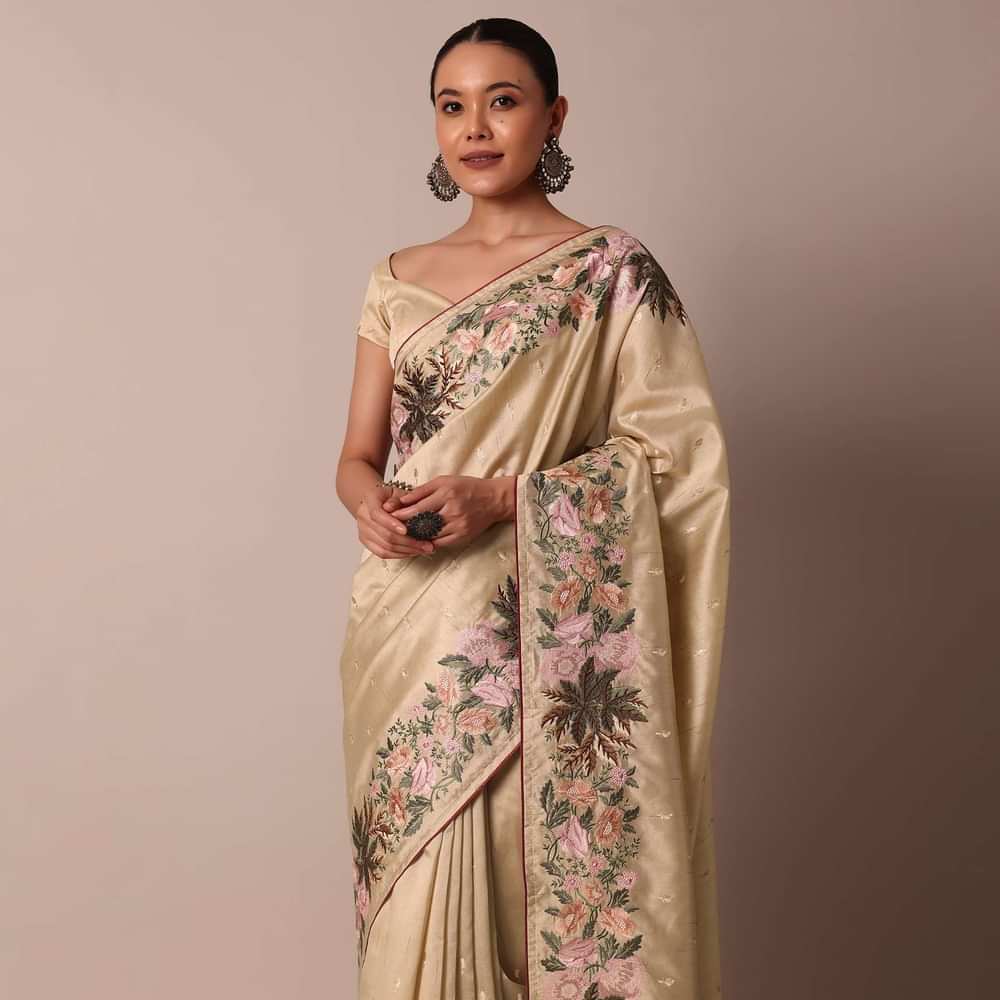 Beige Semi Tussar Silk Resham Thread Embroidered Saree